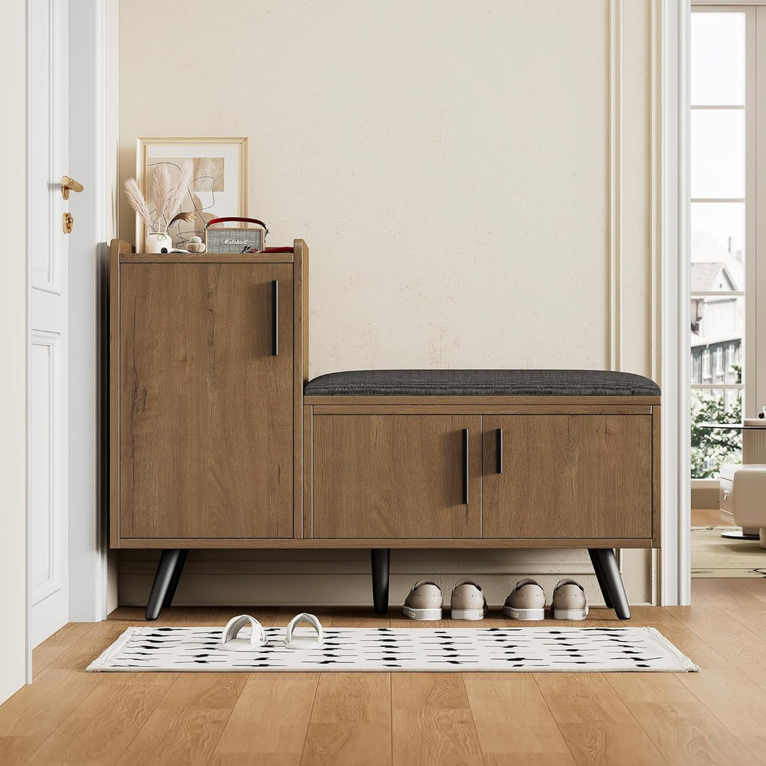 Merax Schuhschrank mit Sitzbank, Schuhbank mit Stauraum, 3 Stauraumtüren, asymmetrische Metallgriffe