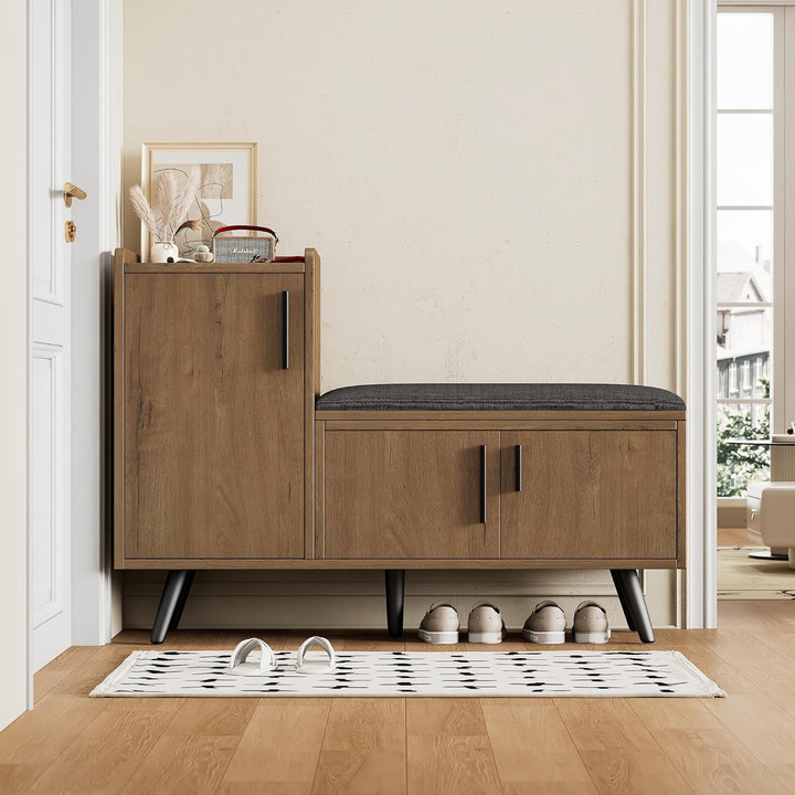 Merax Schuhschrank mit Sitzbank, Schuhbank mit Stauraum, 3 Stauraumtüren, asymmetrische Metallgriffe