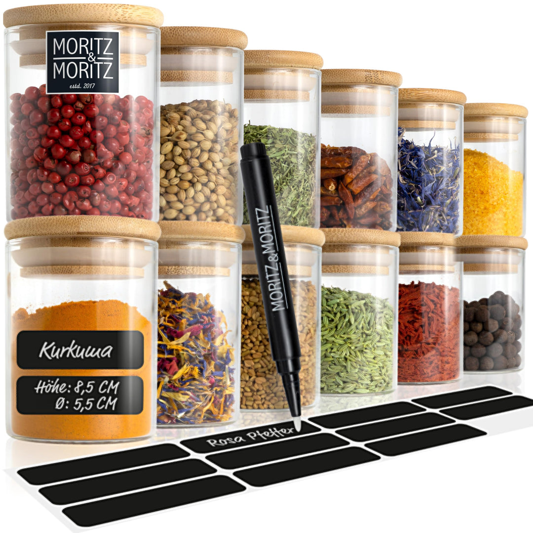 Moritz & Moritz 12 Gewürzgläser Set je 125ml - Gewürzdosen Glas inkl. Tafelsticker & Kreidestift – L