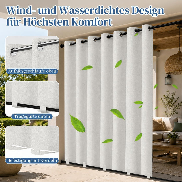 Rosnek Outdoor Vorhang Wetterfest Extra Breit B254 x H274 cm, 100% Blickdicht Winddicht mit Ösen Obe