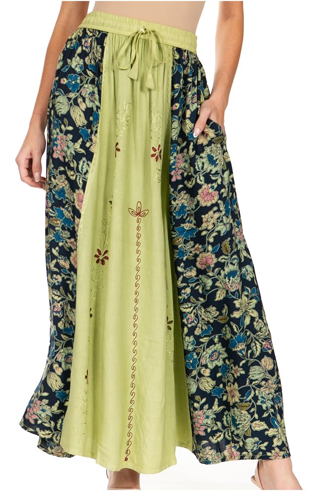 Sakkas Maran Frauen Boho Stickerei Rock mit elastischer Taille und Taschen Einheitsgrösse Olive, Ein