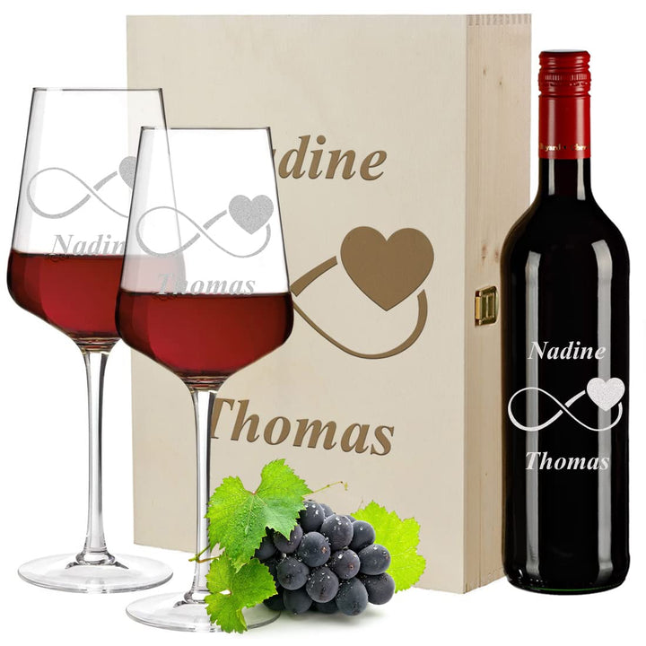 4-TLG Wein Geschenkset mit Wunschgravur - Motiv Unendlichkeitszeichen - personalisiert - 2X Leonardo