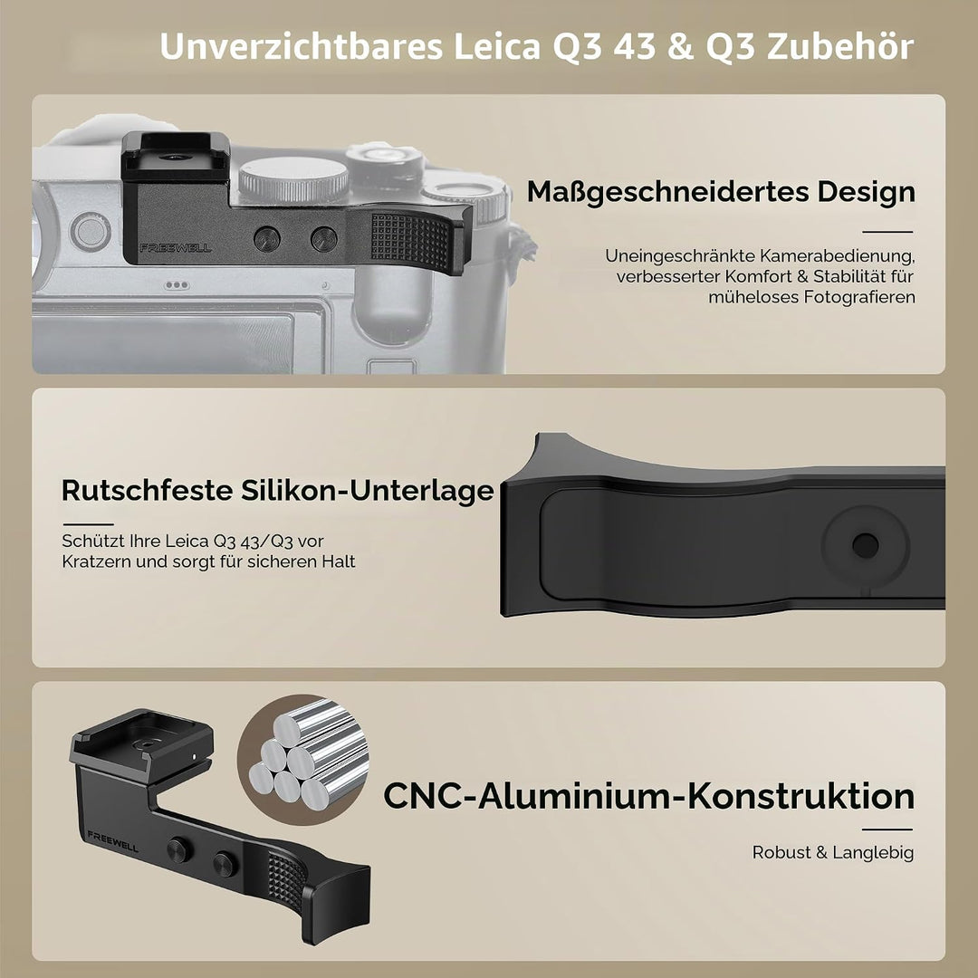 FREEWELL Daumengriff für Leica Q3 & Q3 43 mit Kaltschuhhalterung, CNC Aluminium, Kratzfeste Silikonp