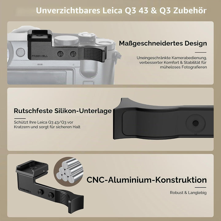 FREEWELL Daumengriff für Leica Q3 & Q3 43 mit Kaltschuhhalterung, CNC Aluminium, Kratzfeste Silikonp