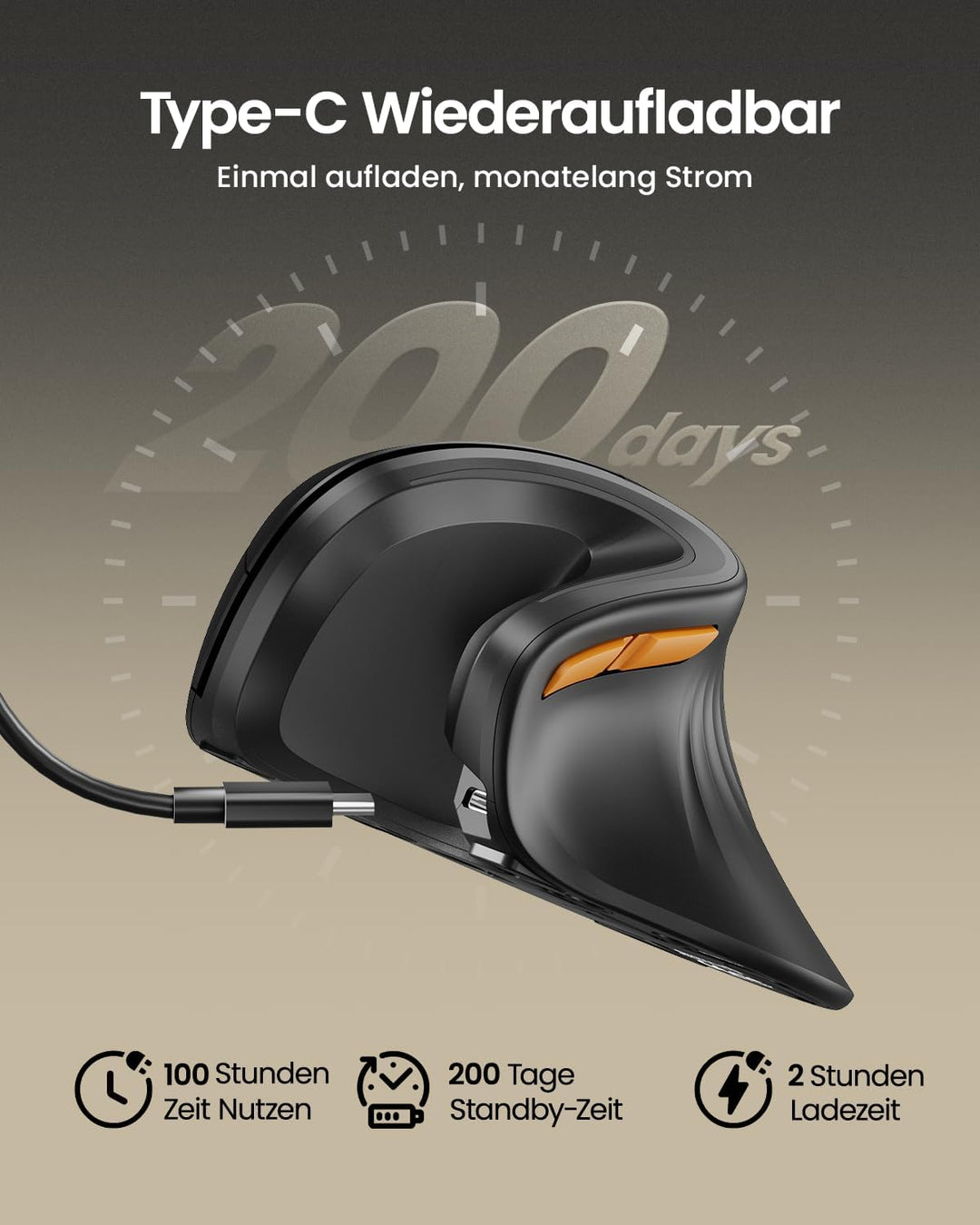 ProtoArc EM11 NL Ergonomische Vertikale Maus, Kabellos Aufladbar Mouse mit 3 Gerät (Bluetooth+Blueto