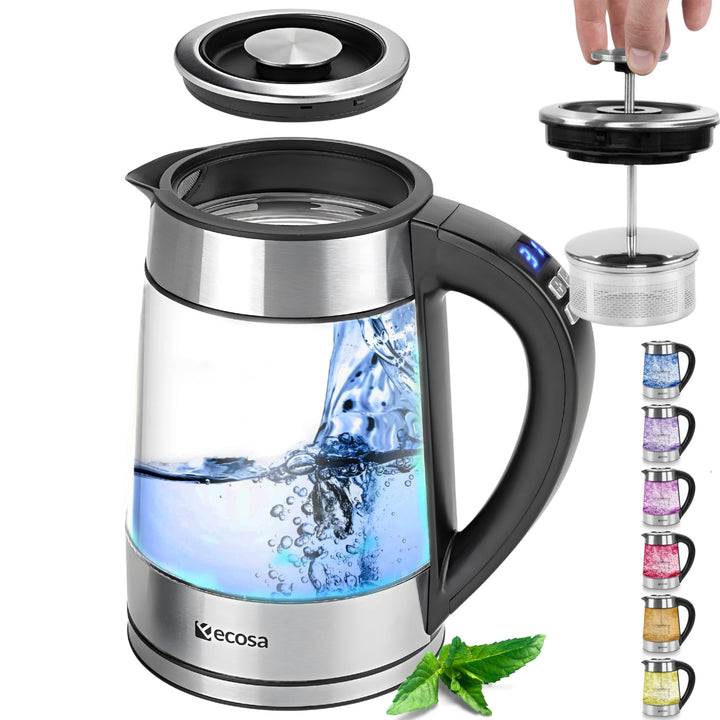 Ecosa® 2in1 Wasserkocher & Teekocher Glas Edelstahl mit Temperatureinstellung & separatem Teesieb Ei