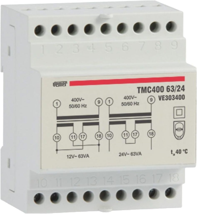 VEMER VE303400 TMC 400 63/24 - Trafo für Hutschienen mit Primärspannung 400V, Sekundärspannung 12-24