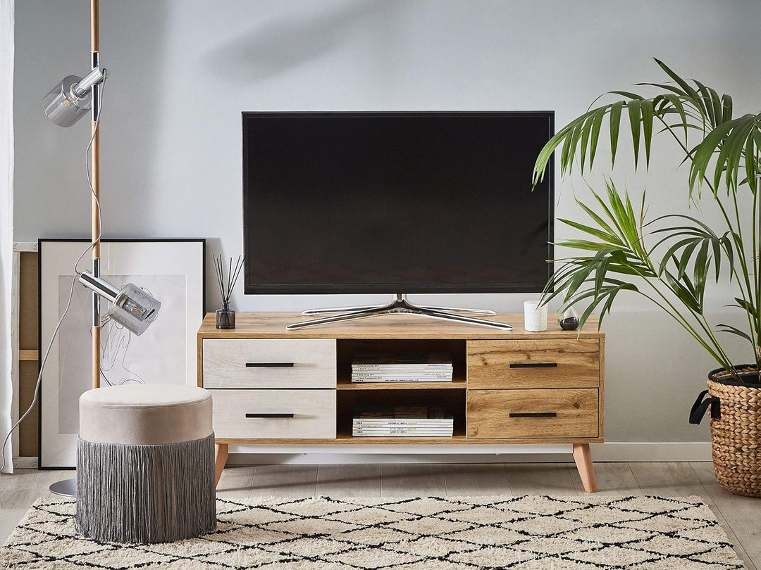 Multifunktionales TV-Möbel weiss/hellerHolzfarbton MDF Beine aus Holz Florida