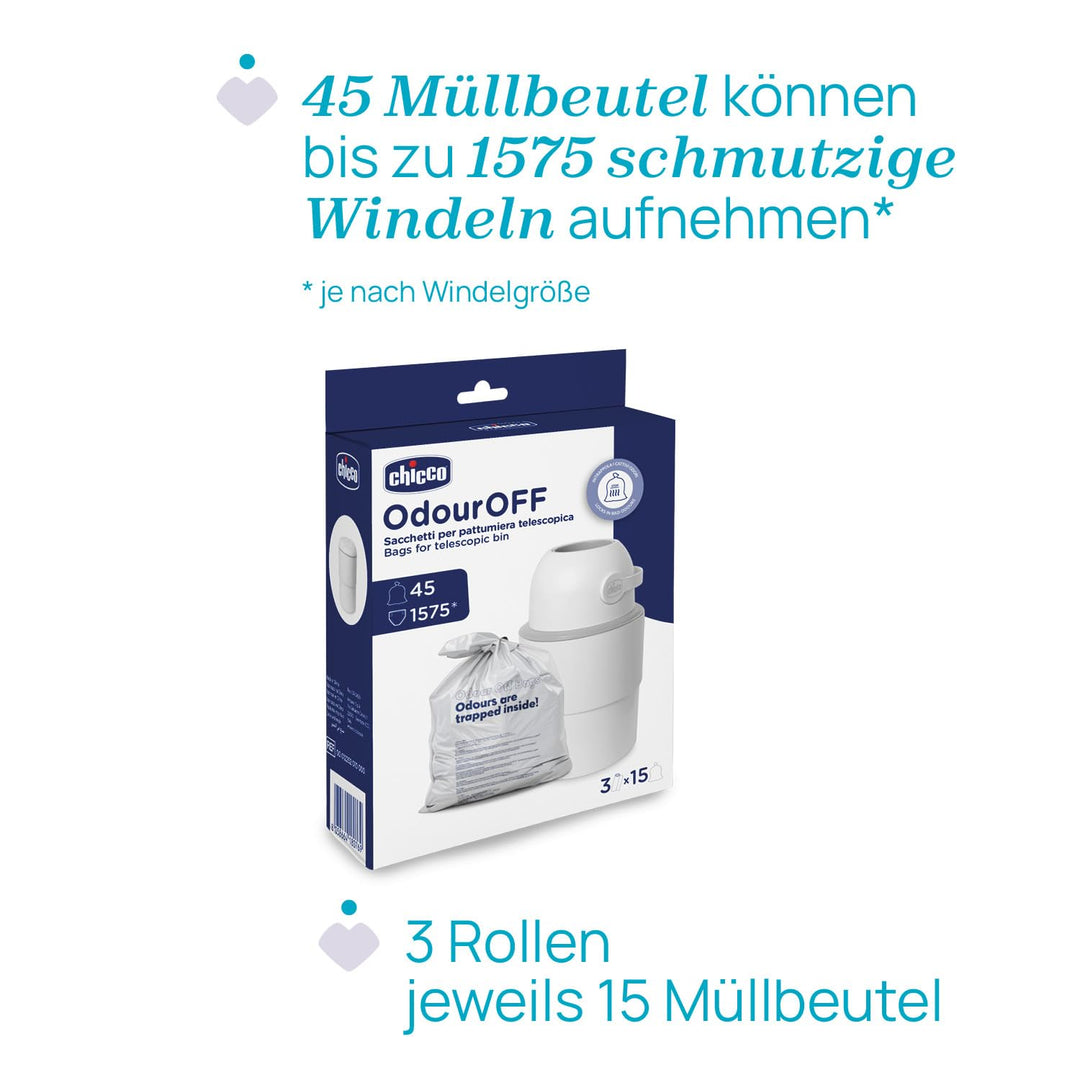 Chicco Odour Off Pouches, Toilettenfresser Beutel, Teleskop Müllbeutel, dreilagiges stabiles Materia