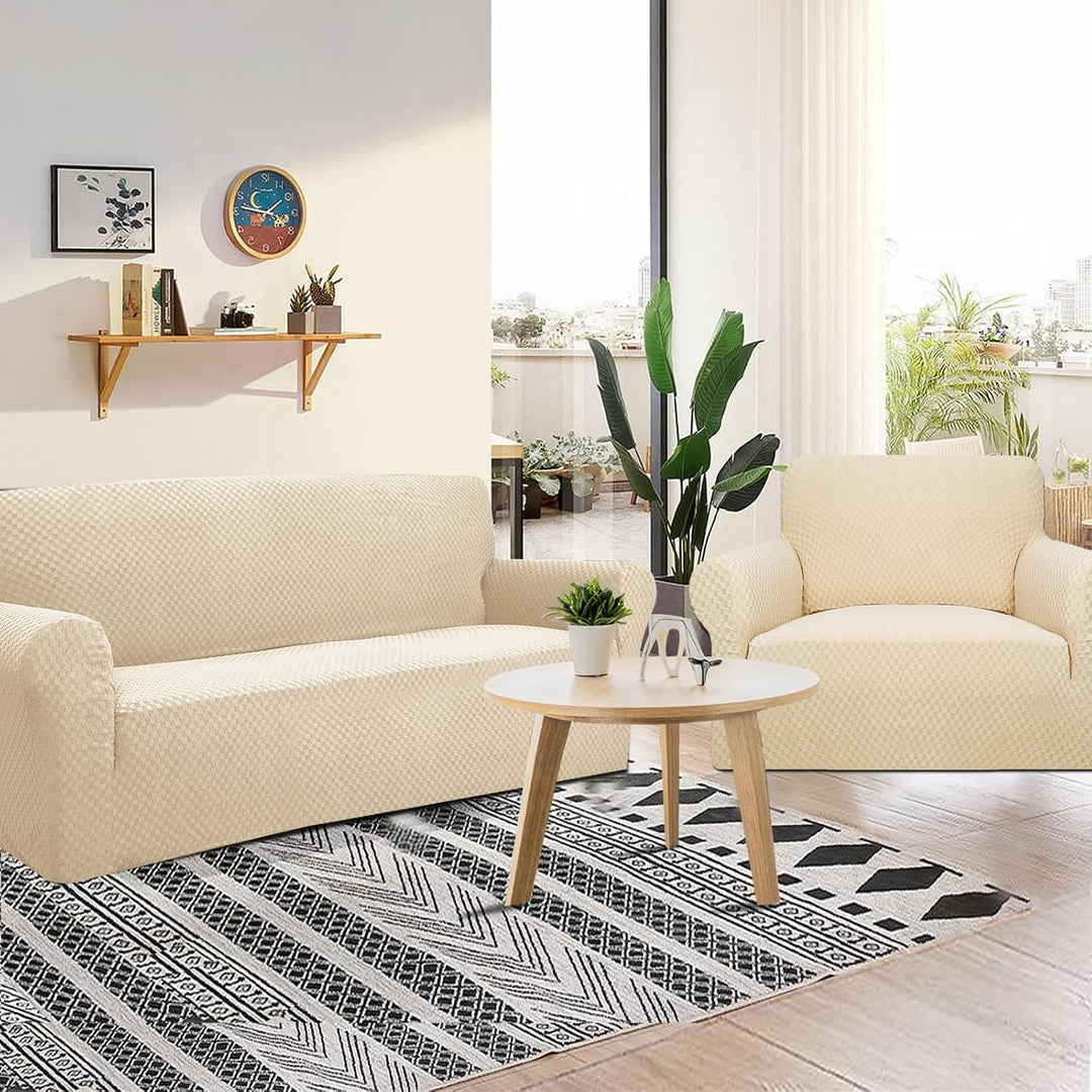 FIGOOO Stretch Sofabezug 2 Sitzer Sofa überzug Schachbrettmuster Jacquard Elastisch Waschbar Sofahus