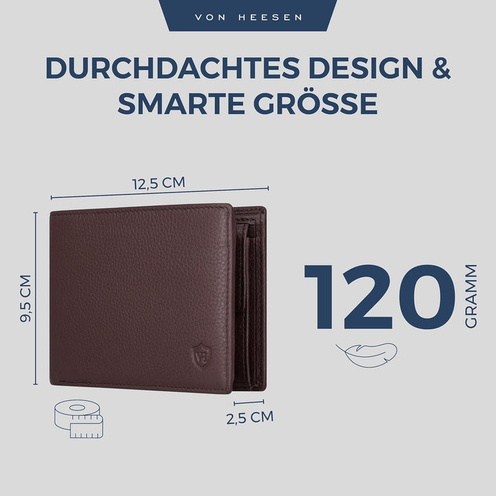 VON HEESEN Leder Geldbörse Herren mit RFID Schutz I Echtleder Geldbeutel für Männer I Münzbörse Port
