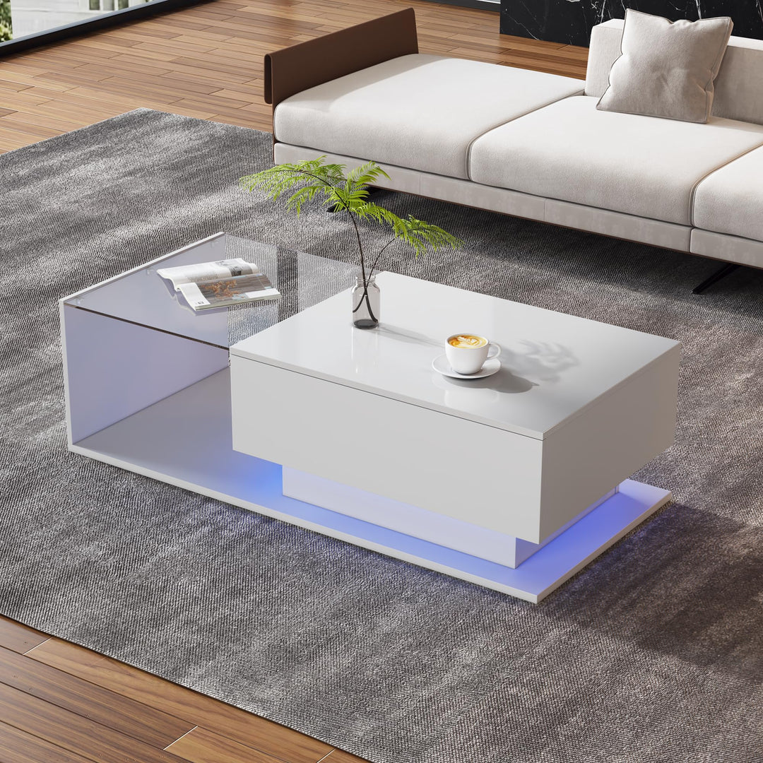 Merax Couchtisch Weiss Hochglanz mit LED, Moderner Wohnzimmertisch mit Stauraum Schubladen, Glasplat