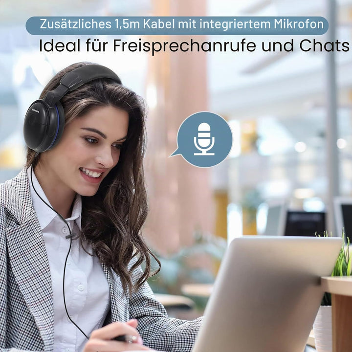 SIMOLIO TV Kopfhörer mit langem Kabel, Over Ear Headset für Fernseher mit Tonverstärkung, Tonregler