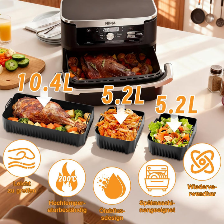 Hunnycook 17P Airfryer Zubehör für Ninja AF500EU Heissluftfritteuse, inklusive 1×10,4L+2×5,2L Airfry