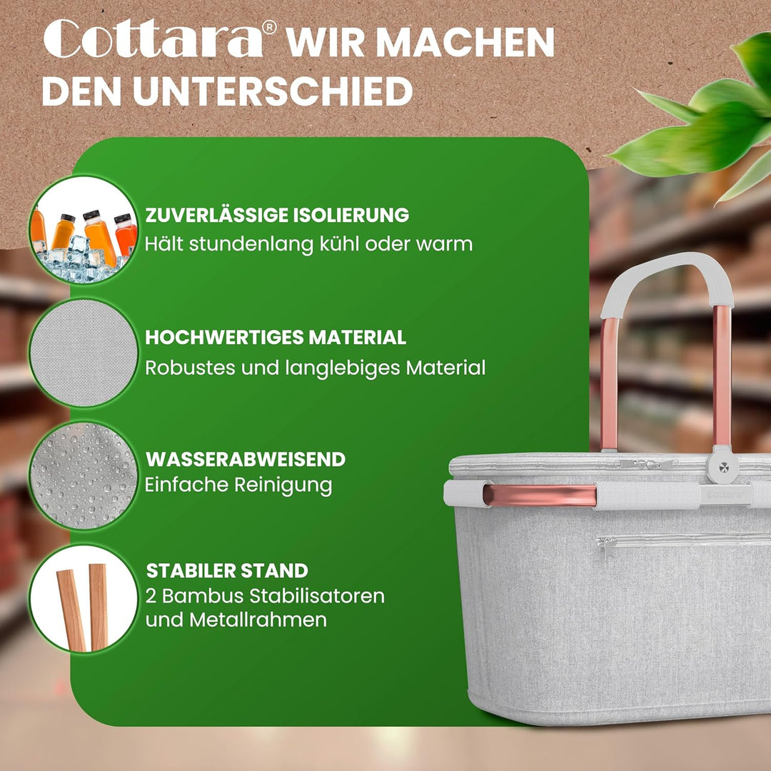 Cottara® Thermo Einkaufskorb Kühltasche gross | isolierter Einkaufskorb mit Deckel, verstärktem Bode