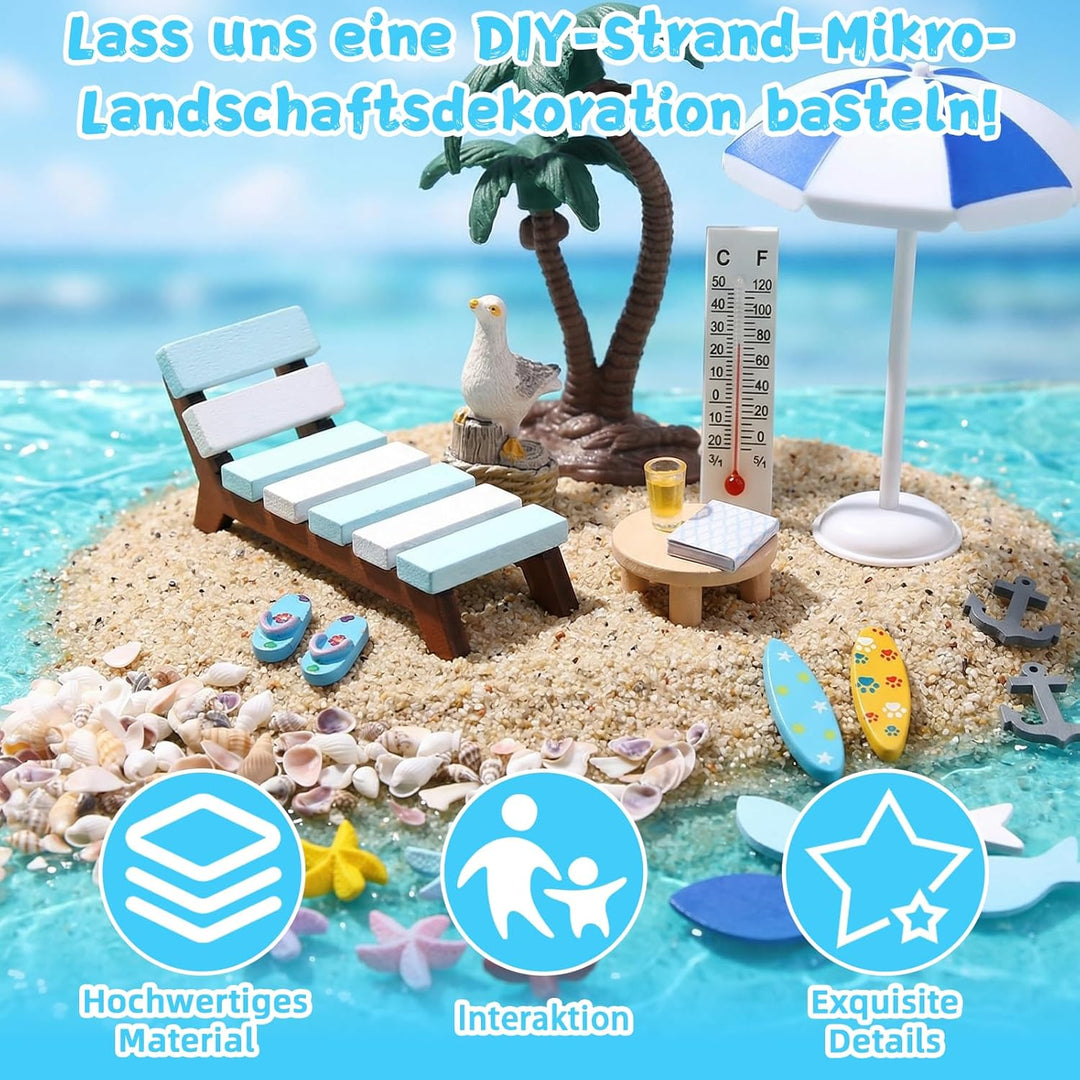 22 Stück Strand Mikrolandschaft, Strand Deko Miniatur Set, Mini Liegestuhl Kleine Tisch Schirm Palme