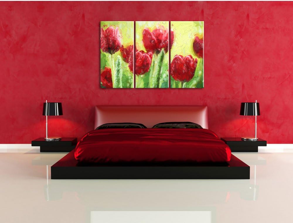 Pixxprint Rote Tulpen mit Tropfen bedeckt / 3-Teilig/Gesamtmass 120cm Leinwandbild bespannt auf Holz