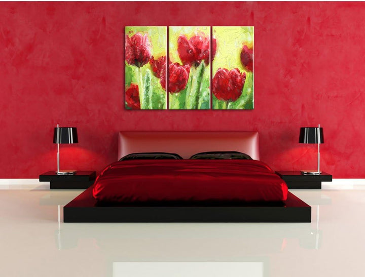 Pixxprint Rote Tulpen mit Tropfen bedeckt / 3-Teilig/Gesamtmass 120cm Leinwandbild bespannt auf Holz
