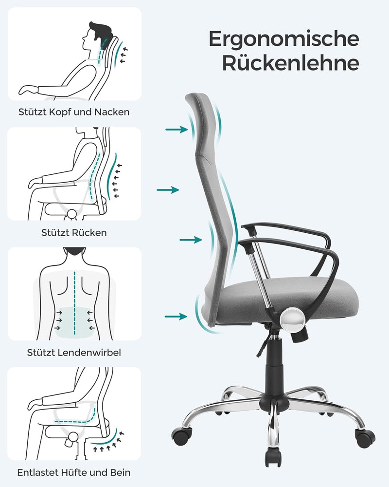 SONGMICS Bürostuhl, ergonomischer Schreibtischstuhl, Drehstuhl, gepolsterter Sitz, Stoffbezug, höhen