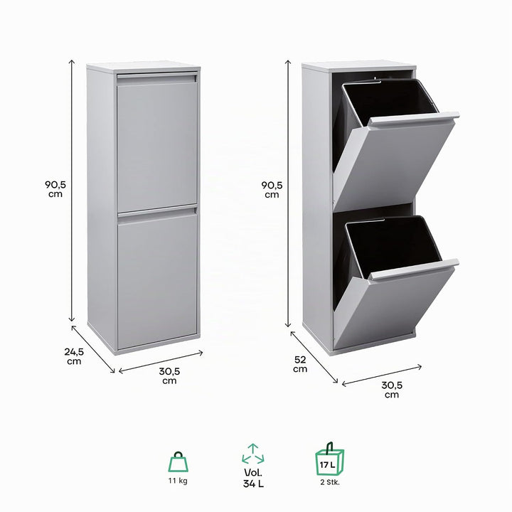 Arregui Mülleimer und Recyclingbehälter, Stahl, 2 Fächer 90,5 x 30,5 x 24,5 cm