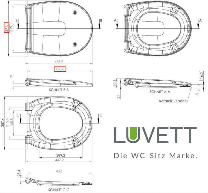 LUVETT® WC-Sitz mit Absenkautomatik C100 oval universell, Toilettendeckel mit 3 Edelstahl Montagelös