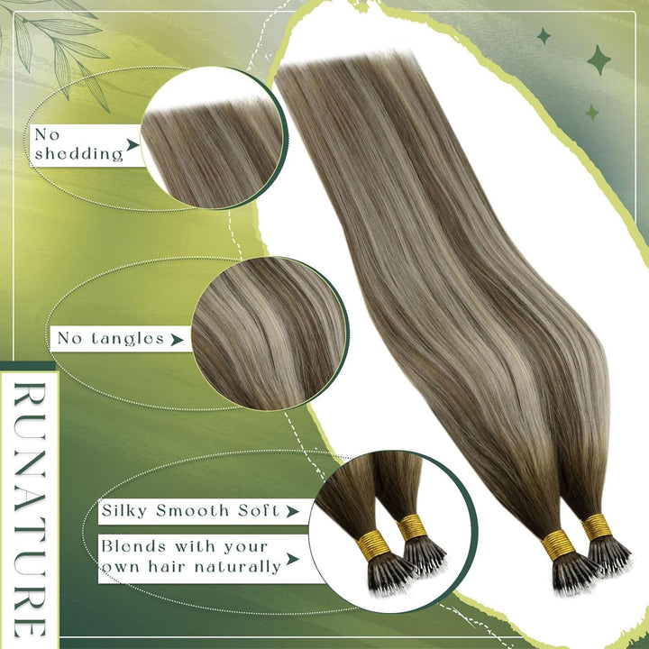 RUNATURE Nano Extensions Echthaar Balayage Braun Blond Kurz 30cm 40g 50s Remy Nanoring Extensinos Ec