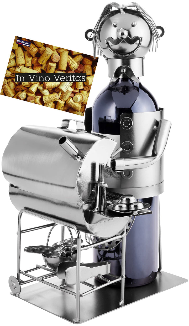 BRUBAKER Weinflaschenhalter Barbecue - Metall Skulptur BBQ Grillmeister - Silber Flaschenhalter - Ge