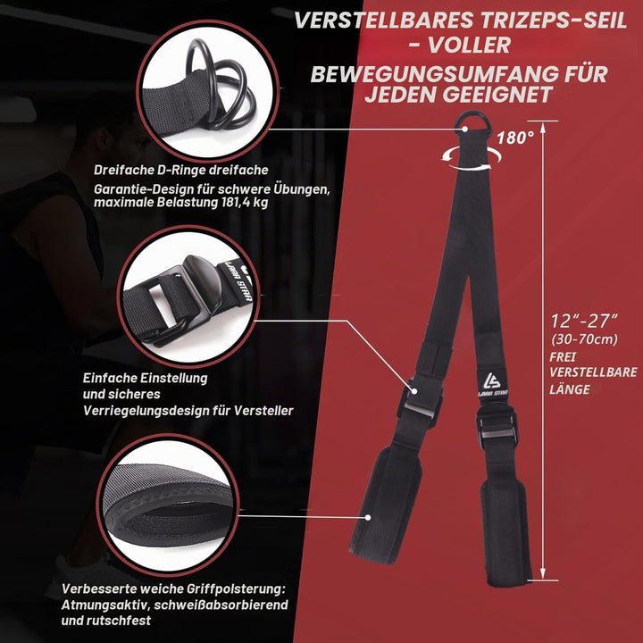 LARA STAR Verstellbare, robuste Trizepsseil-Kabelbefestigung für Fitnessstudio, 45–79cm, extra Lange