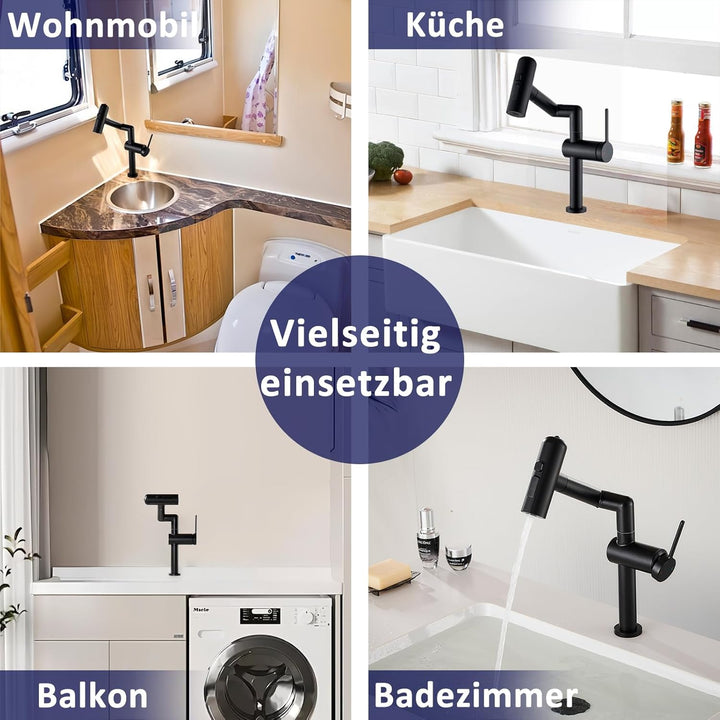 Waschtischarmatur Schwarz, 360° Drehbar mit 4 Wassermodi, Wasserhahn Bad aus 304 Edelstahl, Schwenka