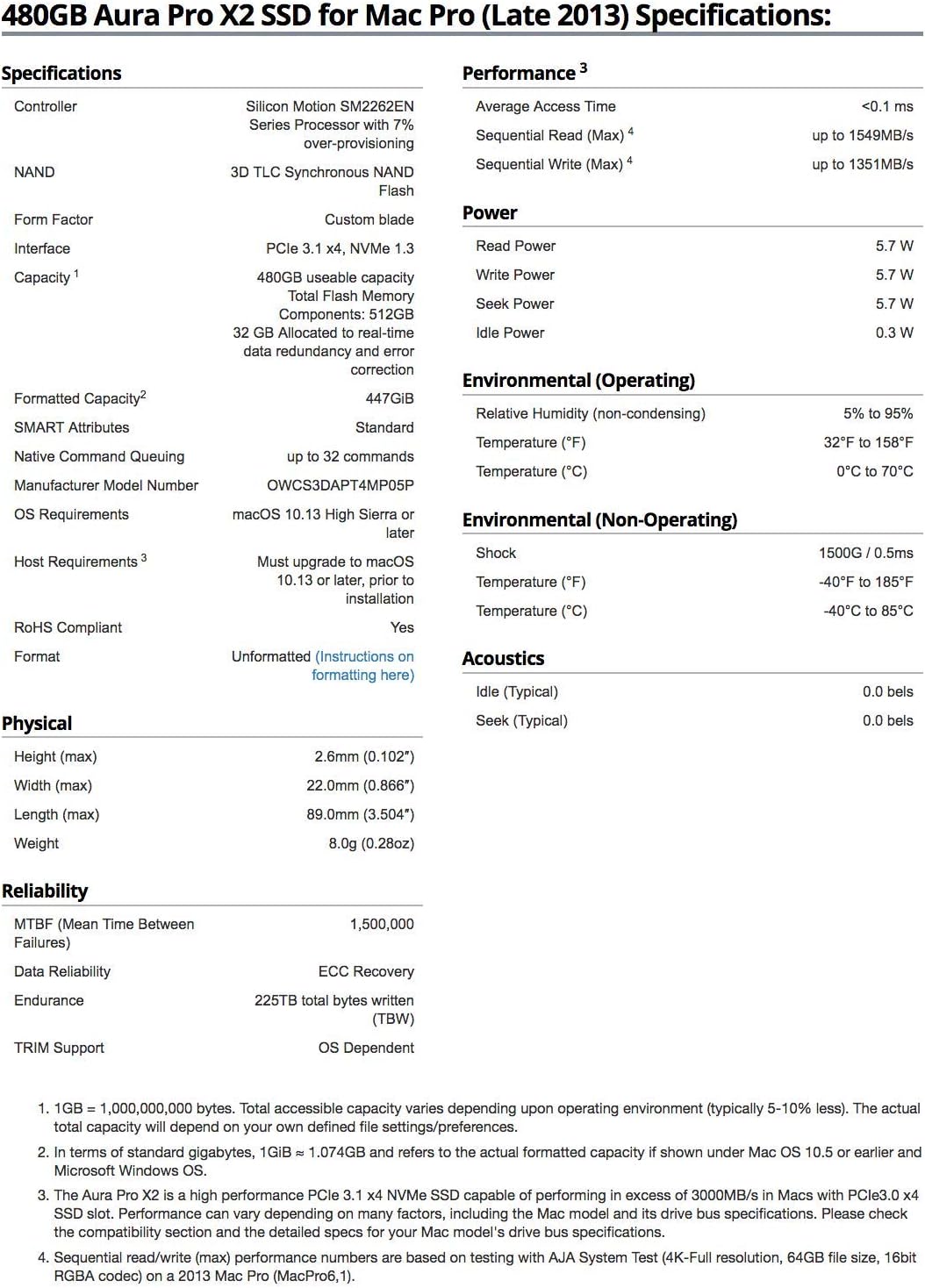 OWC - 480GB Aura Pro X2 - NVMe SSD für Mac Pro (Late 2013) 480 GB SSD Upgrade Kit, 480 GB SSD Upgrad
