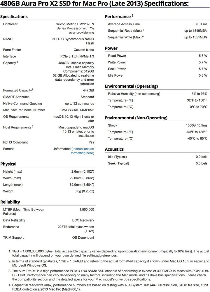 OWC - 480GB Aura Pro X2 - NVMe SSD für Mac Pro (Late 2013) 480 GB SSD Upgrade Kit, 480 GB SSD Upgrad