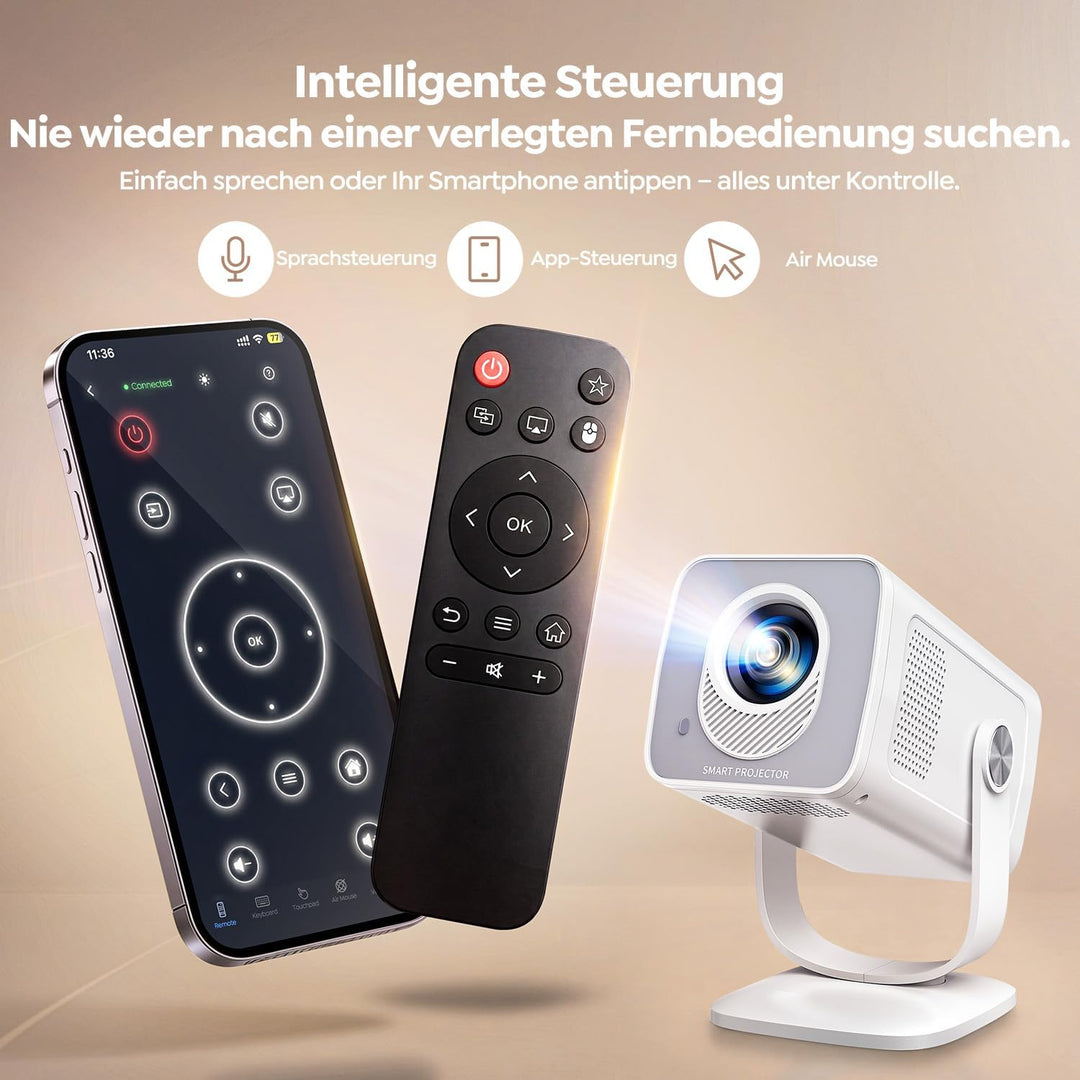 Mini Beamer 4K Unterstützt [Android 14 &amp; App Steuerung] WiFi 6 BT 5.4 | 270° Dreh Smart Beamer Klein