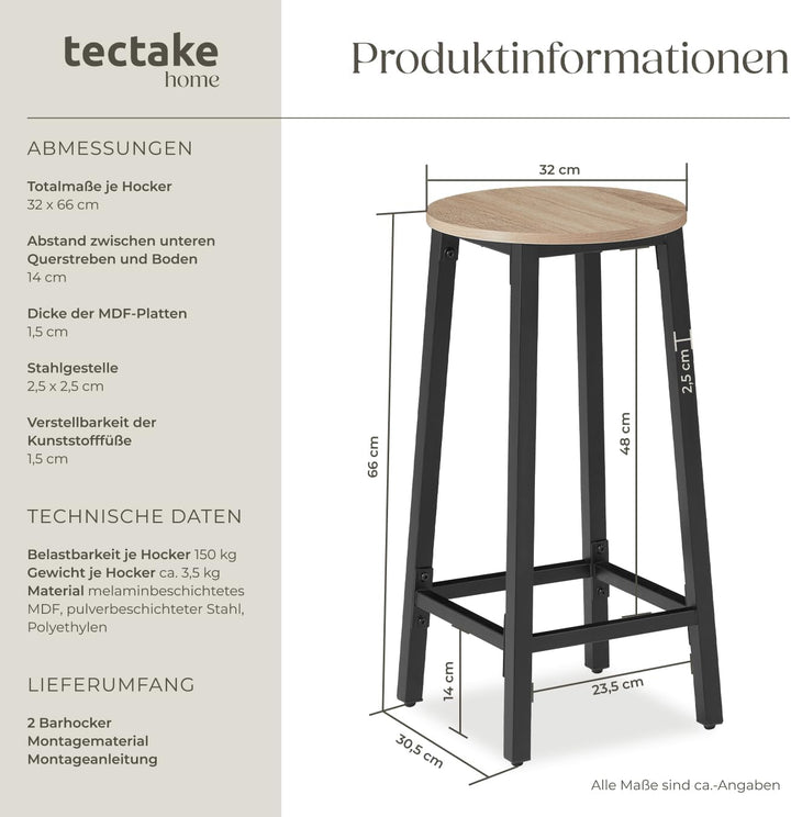 tectake® Barhocker 2er-Set, runder Bistrohocker im Industrie-Design, 66 cm hoch, Vintage Barstühle m