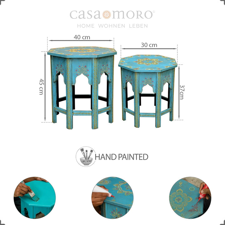 Casa Moro Orientalische Beistelltische 2er Set Saada Blau aus Massiv-Holz handbemalt Shabby Chic Cou