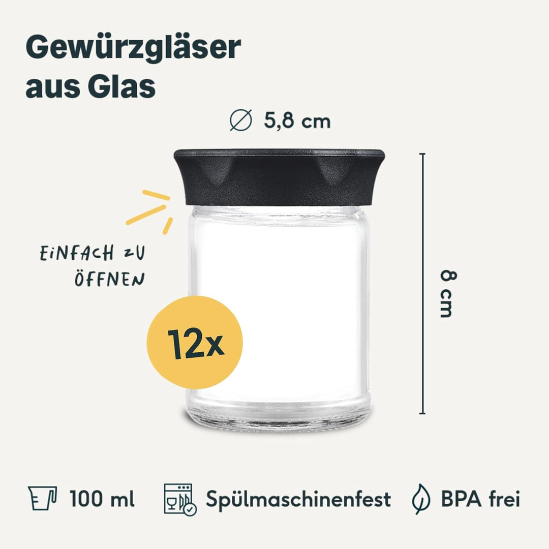 SILBERTHAL Gewürzbehälter Set Glas to go - 12er Set - Für Kaffeepulver, Gewürze, Nüsse 100ml - Luftd