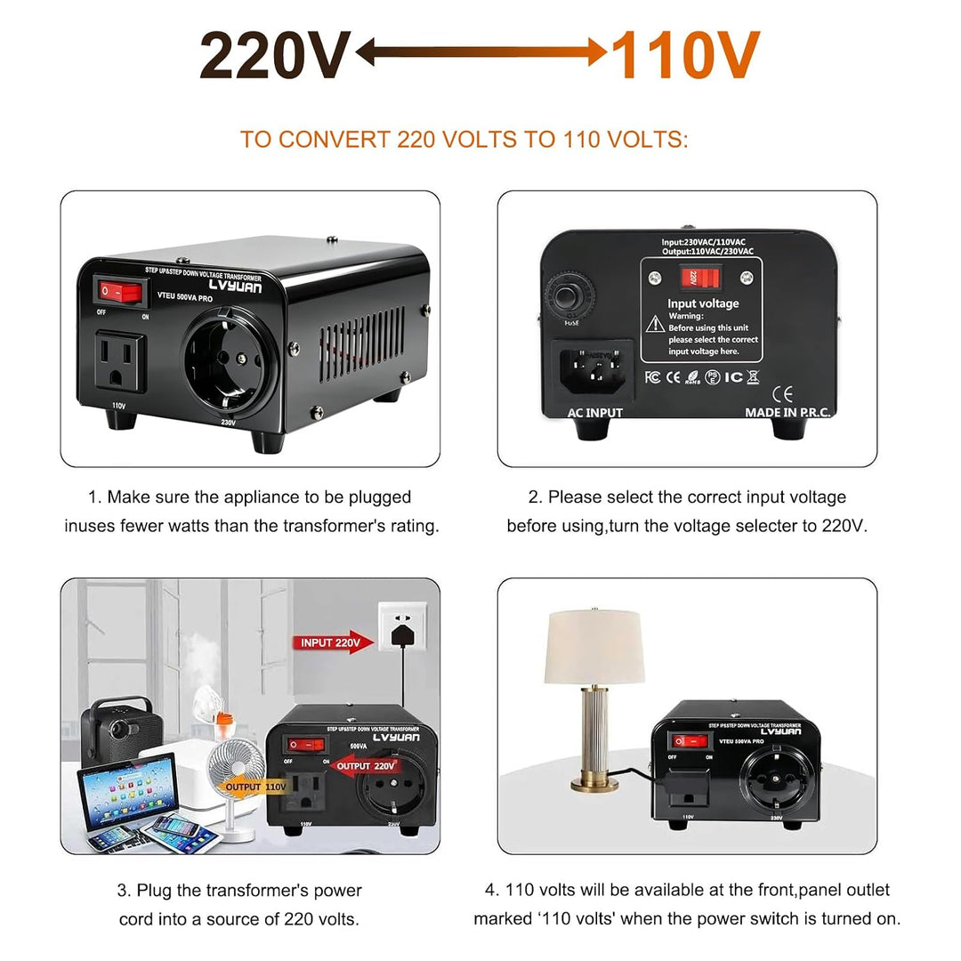 Cantonape 500W Spannungswandler, 230V bis 110V USA Spannungswandler Ringkern-Transformator 500VA Pro