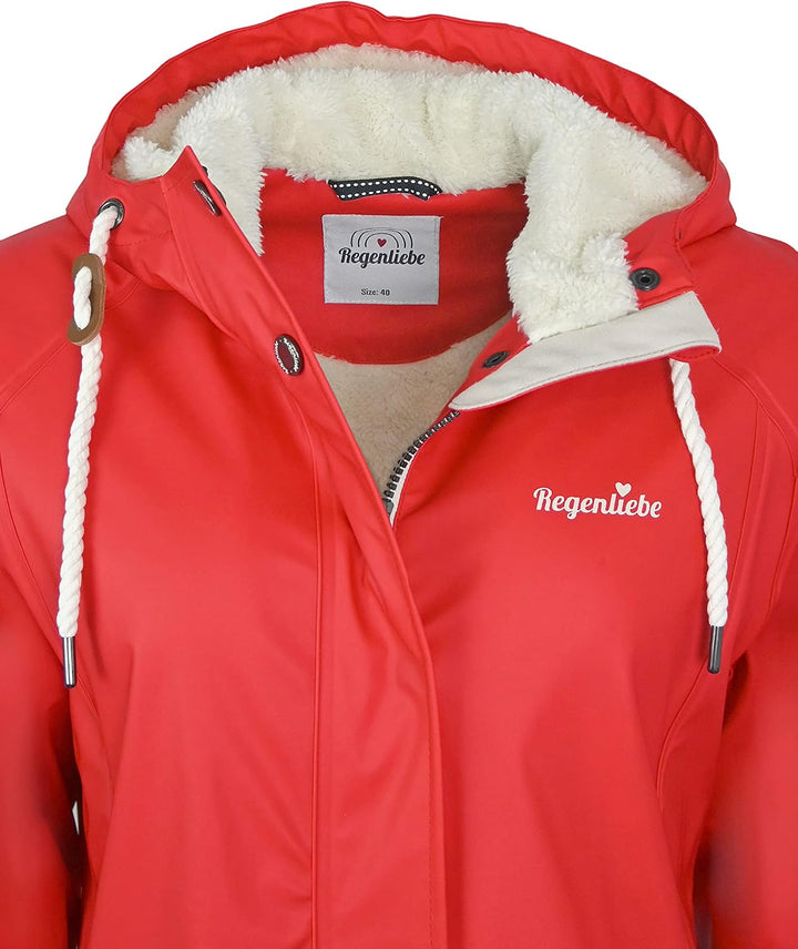 Regenliebe Damen Regenmantel wasserdicht Friesennerz mit Teddyfleece gefüttert 38 Rot, 38 Rot