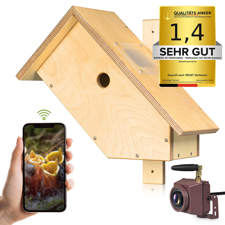 Nistkasten mit WLAN-Kamera. Autark & wetterfest, mit idealem Lichteinlass für störungsfreie Brut, mi