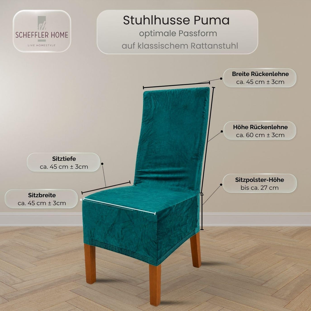 SCHEFFLER-Home Stretch Stuhlhussen Samt Puma Velvet/Velours Stuhlhussen 6er Set Türkis/Stuhlabdeckun