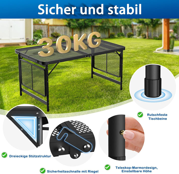 Tragbarer Campingtisch 120x60cm, Höhenverstellbar & Klappbar Gartentisch mit Metallgitterplatte, Erw
