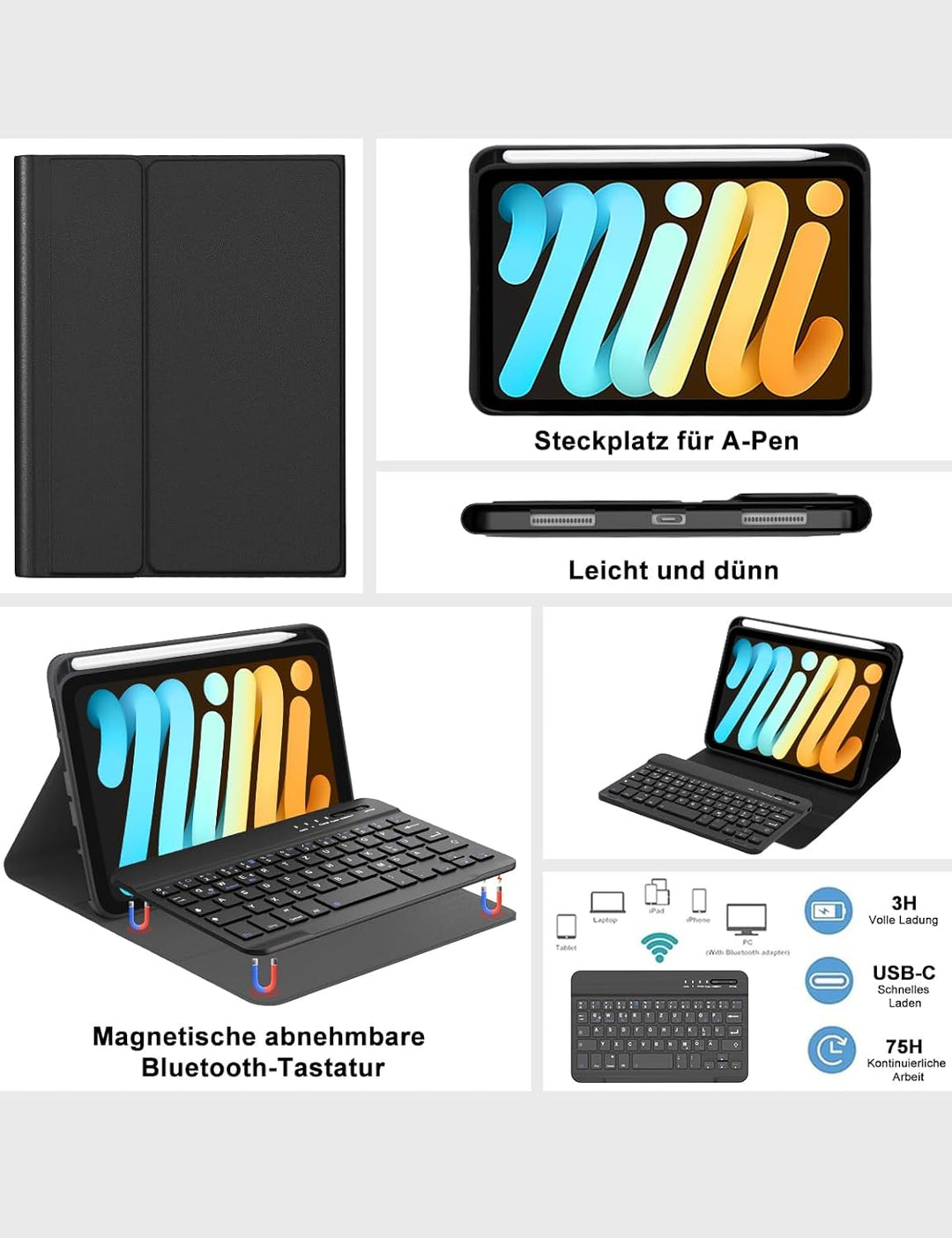 FOGARI Tastatur für iPad mini 7 (A17 Pro) 2024/Mini 6 2021 8.3 Zoll, QWERTZ Deutsches Tastatur Magne