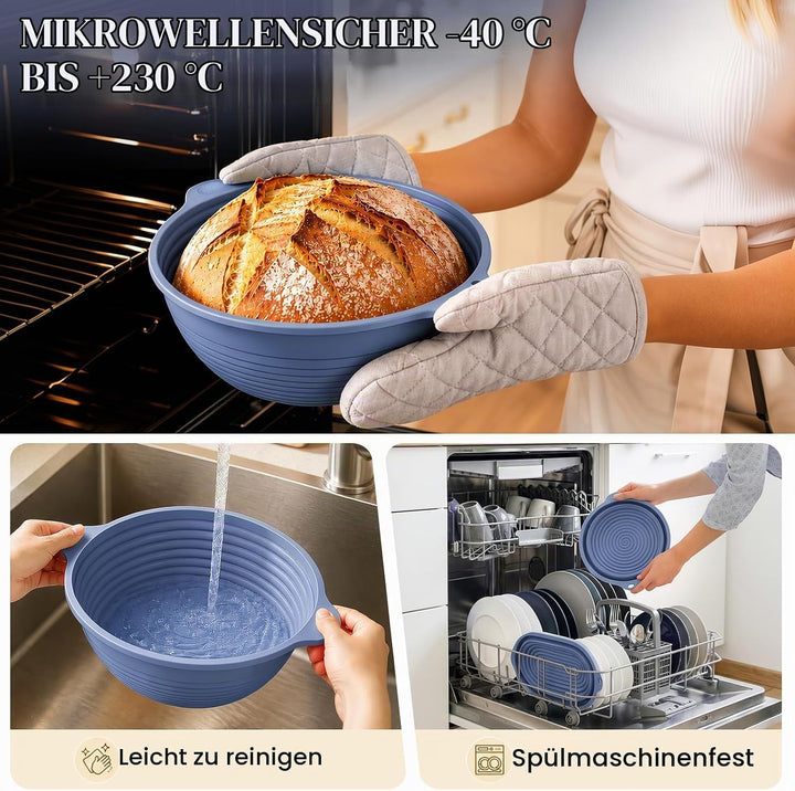 2 Stück Silikon Gärkörbchen für Brot, 29 cm Oval und 25 cm Rund, Eingebauter Verstärkter Stahlfelgen