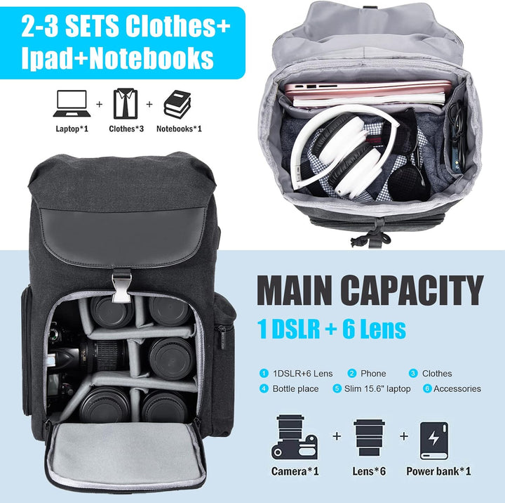 Cwatcun Kamerarucksack Tasche Canvas Professional für SLR DSLR spiegellose Kamera Canon Nikon Sony P