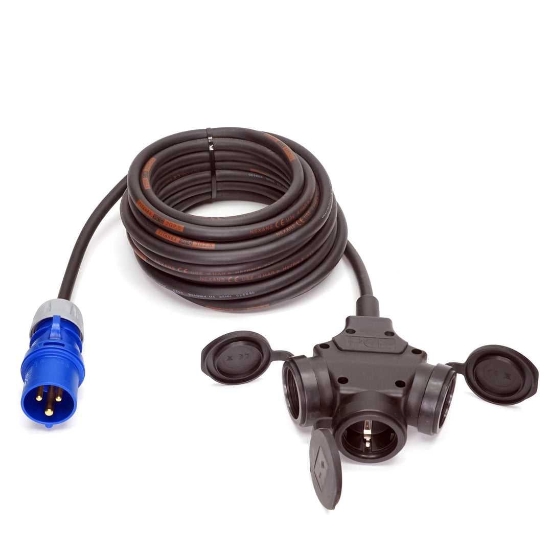 CEE-Stecker auf Schuko-Verteilung 3-Fach (1,5m-50m) 16A Verlängerungskabel Titanex H07RN-F 3x1,5mm²