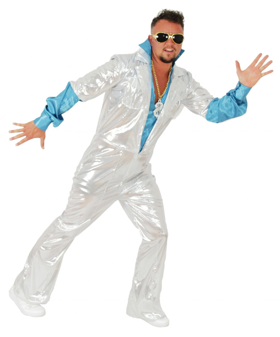 Foxxeo weisser 70er Jahre Disco Anzug für Herren Karneval Fasching Party Jumpsuit weiss türkis Gröss