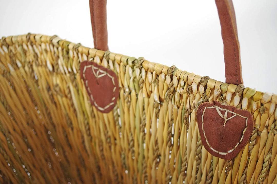 Kobolo Korbtasche Einkaufstasche Flechttasche Strandtasche Seegrastasche natur Ledergriffe