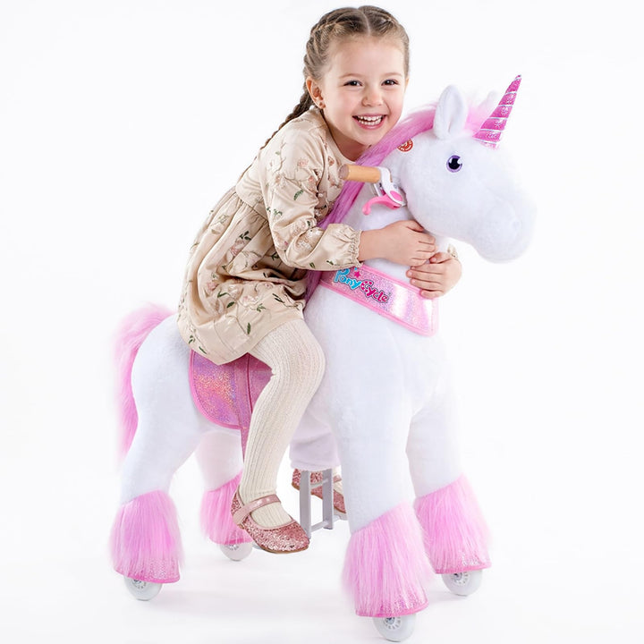 PonyCycle Einhorn zum Reiten, für Kinder 4–7 Jahre, 76cm Hoch, Einhorn auf Rollen mit Handbremse und
