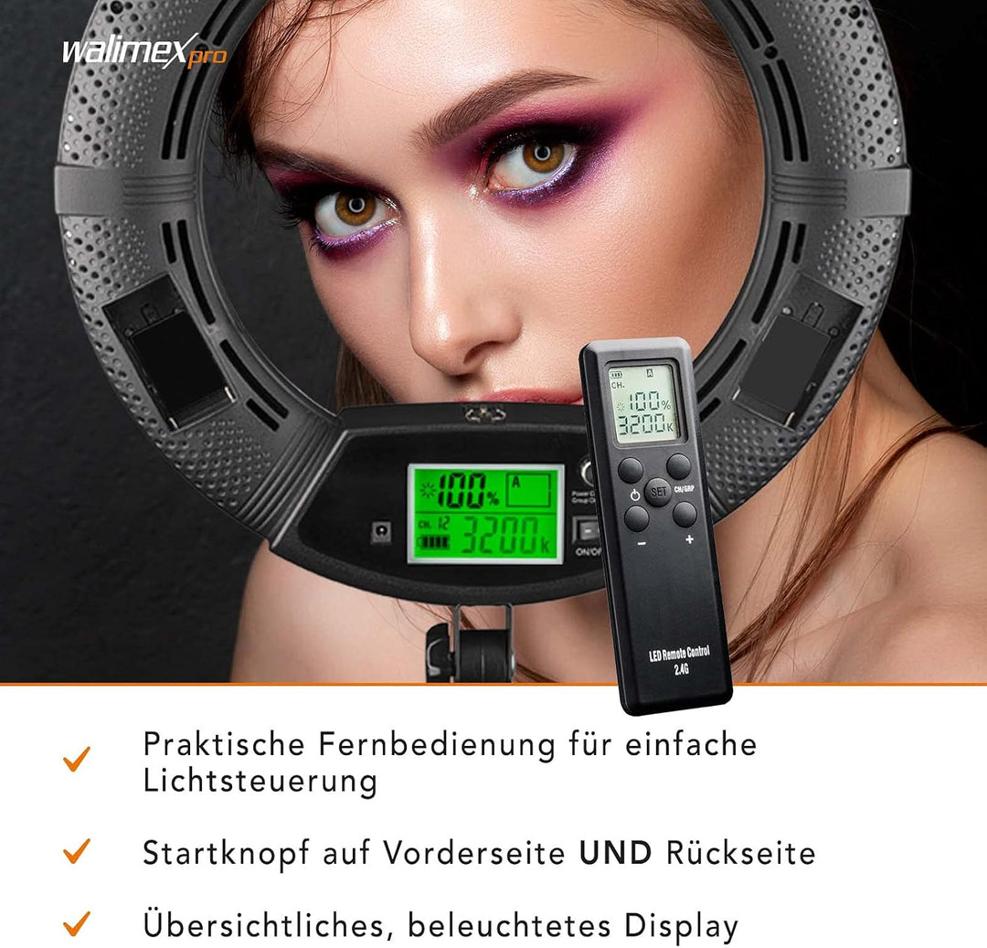 Walimex pro dimmbares LED Ringlicht mit Stativ & 2 Akkus und Ladegerät I Medow 960 Pro Bi Color I 96