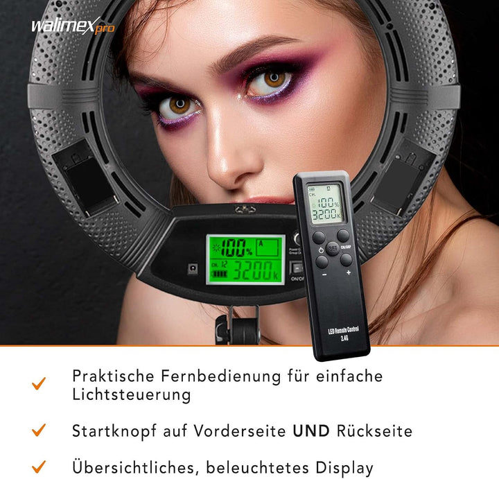Walimex pro dimmbares LED Ringlicht mit Stativ & 2 Akkus und Ladegerät I Medow 960 Pro Bi Color I 96