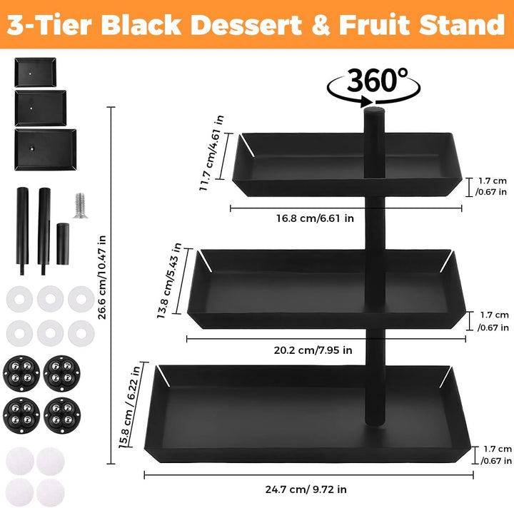 Obst Etagere 3 Stöckig 24,7 x 15,8 x 26,6 cm, 360° Drehbare Etagere 3 Etagen Schwarz für Unterhaltun